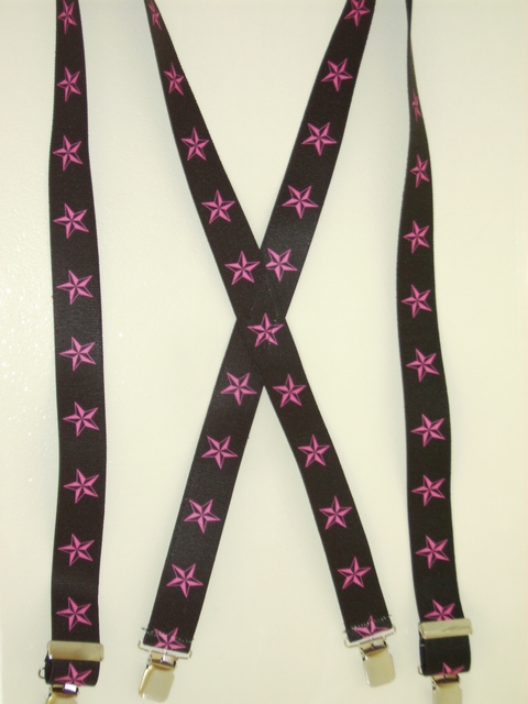 PINK STARS ON BLACK 1 1/2"X 48" Suspenders with 4 strong 1"X1" Grips and 2 Length Adjusters in the front, all in NICKEL FINISH.  UB220N48NSKP